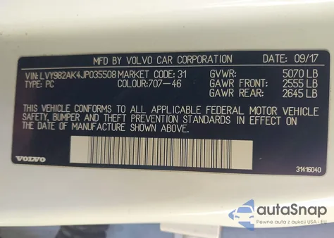 2018 Volvo S90 T5 Momentum z USA, uszkodzony, nr VIN LVY982AK4JP035508